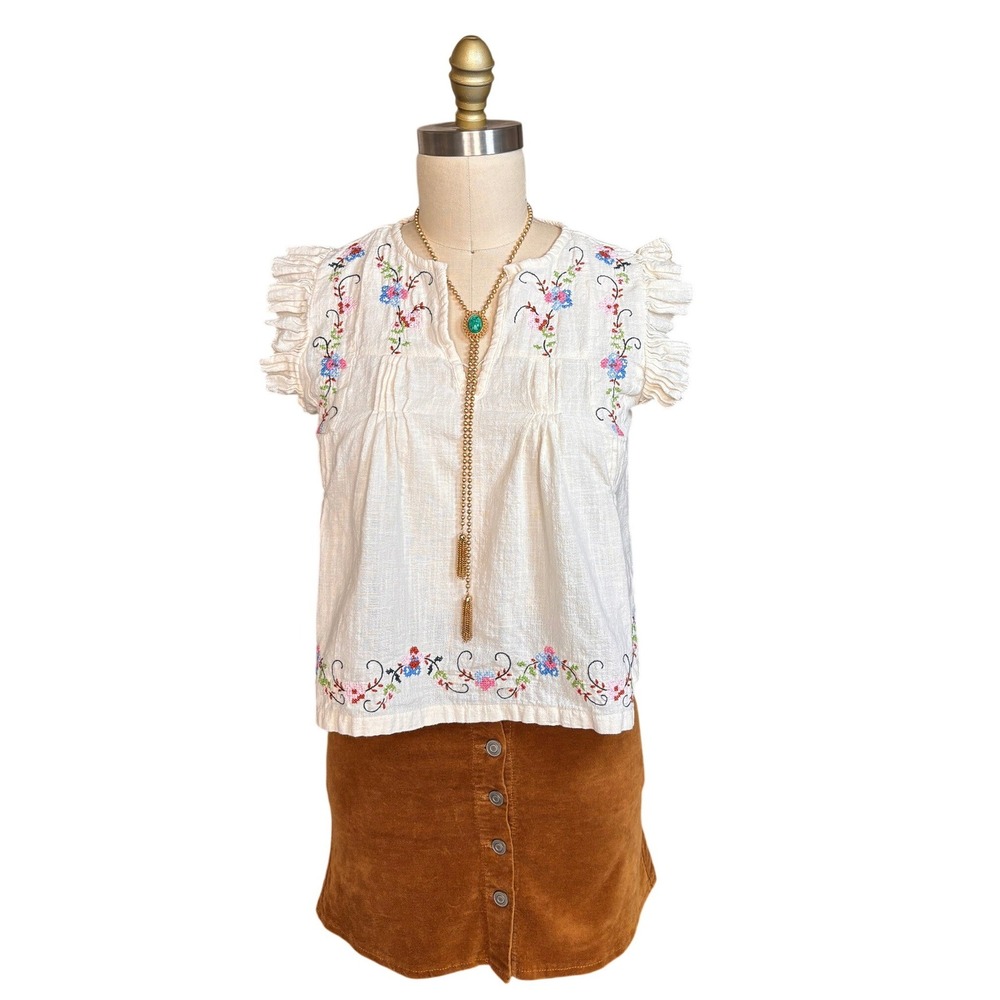 Embroidered Floral Ruffle Jennifer & Grace Peasant Top S Cream